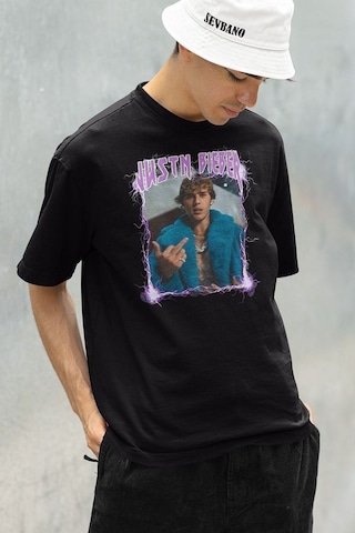 Justin Bieber Baskılı Unisex Oversize Şarkıcı Tişört Siyah