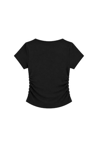 Vadon 1006 Kadın Pamuklu Kare Yaka Yan Büzgü Detaylı Basic Crop T-shirt Bluz Siyah