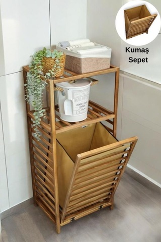 Digithome Ceviz Banyo Rafı İle Uyumlu Kumaş Sepet Ve Çamaşır Bezi Kahverengi