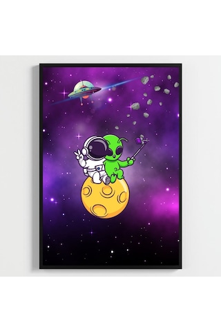 Besay Kozmik Dostluk Modern Çocuk Odası Duvar Dekorasyonu Ufo Ve Gezegen İllüstrasyonlu Komik Tablo Seti 3'lü Set A2 Çerç