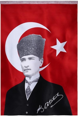 Türk Bayrağı 5 Adet Kalpaklı Atatürk Posterli Saten Türk Bayrağı K.atatürk İmzalı Türk Bayrağı 70x100