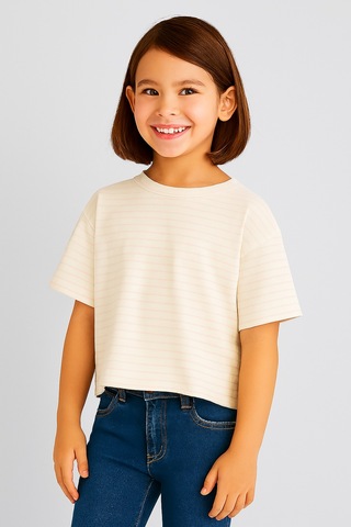 Noble Kids Kız Çocuk Çizgili Oversize Crop Tişört Pudra