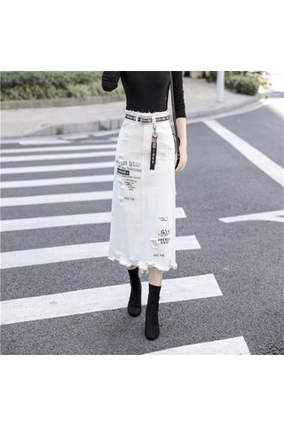 Kadın Ön Delik Kot Etek Yaz Uzun Etekler Yüksek Bel Kot Etek Artı Boyutu Beyaz