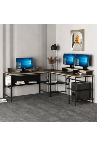 Minarmobilya Minar Greta L Köşe Çalışma Masası - Dore/Siyah Ceviz