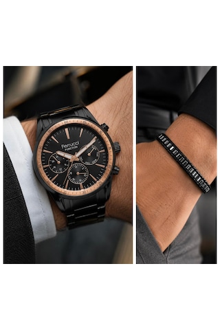 Ferrucci Fc36138 Delüx Serisi Çelik Kordon Ve Kasa Fonksiyonlu Erkek Kol Saati+%100 Deri&hematit Bileklik Rose Gold