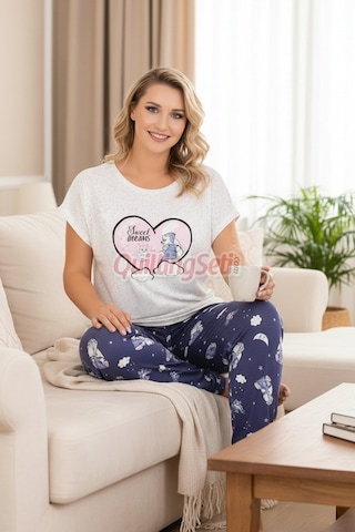 Lacivert Renk Ve Desenli Lady 12584 Pamuk Viskon Kadın Kısa Kol Pijama Takımı Lacivert - Beyaz