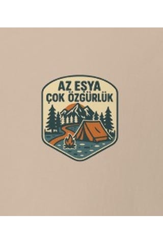Wildstyle Az Eşya Çok Özgürlük Renkli Kamp Doğa Minimalist Baskılı Unisex Bisiklet Yaka Pamuklu Tişört Camel
