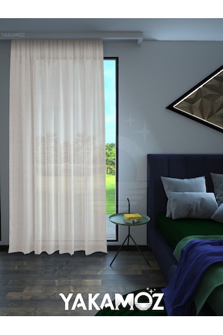 Ekru Renk Keten Görünümlü Ekstraforlu Tül Perde Linen Touch Serisi Ekru