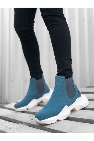 DMR Elegance Ba0444 Bağcıksız Rahat Yüksek Taban Mavi Erkek Spor Yarım Bilek Bot Rekli