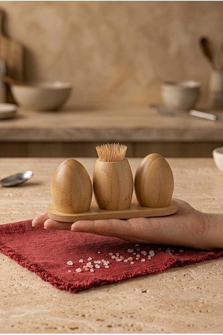 Atbyhome Standlı 4 Parça Bambu Tuzluk Biberlik Kürdanlık Seti 17x7 Cm - Masa Üstü Baharatlık Takımı