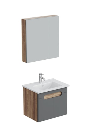 Aqua Bagno Luvi Alt Dolap + Üst Dolap -lavabo Dahil-65 Cm.-3 Parça Antrasit Gri - Atlantik Çam
