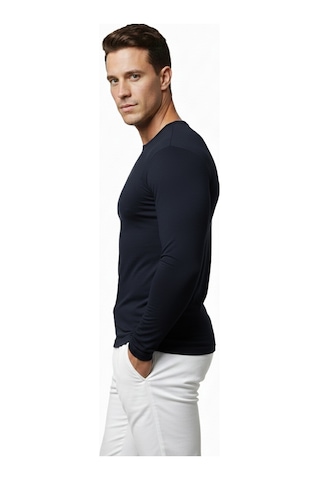 Deepsea Erkek Lacivert Uzun Kollu Dar Kalıp Ince Sıfır Yaka Sweatshirt 2300423 False Lacivert