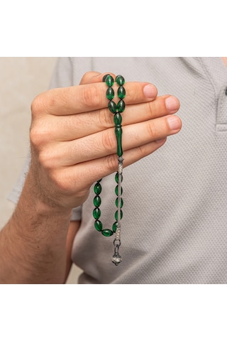Gümüş Yeşil Kazaz Püsküllü Sıkma Kehribar Tesbih 63962442