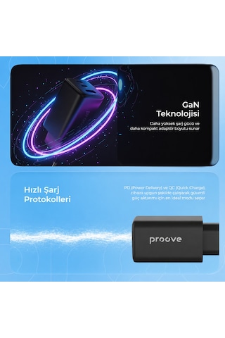 Proove Pocket Gan 65w Hızlı Şarj Cihazı 3 Portlu 2x Type-c + Usb Apple Uyumlu MacBook Laptop Ve Telefon Uyumlu