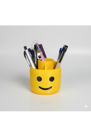 Brick Head Lego Kafa Gülen Yüz Tasarımlı Kalemlik Masaüstü Düzenleyici Organizer Sarı