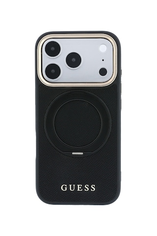 Apple Uyumlu iPhone 18 Pro Kılıf Guess Lisanslı M-safe Özellikli 360 Standlı Pu Metal Yazı Logolu Kapak Siyah