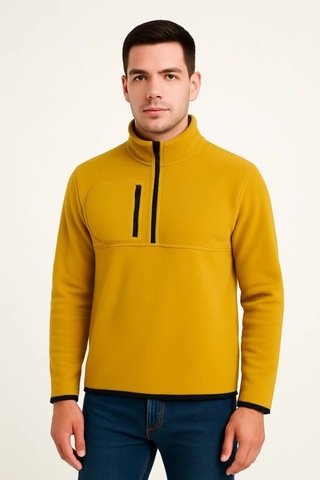 Erkek Polar Kazak Dik Yaka, Yarım Fermuarlı, Fermuarlı Göğüs Cepli, Siyah Biyeli, Kışlık Rahat Regular Fit Günlük Model - Sarı Sarı