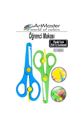 Öğrenci Makası Mavi Yeşil Renkli 2 Adet Plastik Küt Uç Yaylı Korumalı Çocuk Makası Ana Sınıfı Okul Makası Okul Öncesi