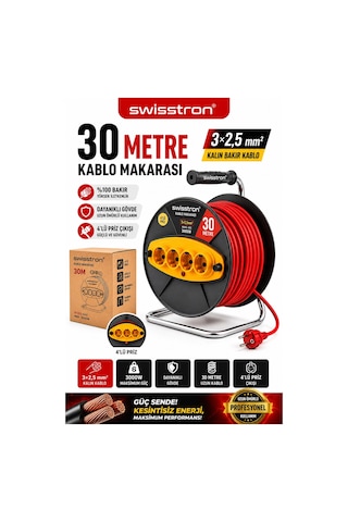 Swisstron Sws30mek 30 Metre Makaralı Uzatma Kablosu 3x2,5 Mm² 4 Prizli Bakır Sargılı Çok Yönlü 30 M