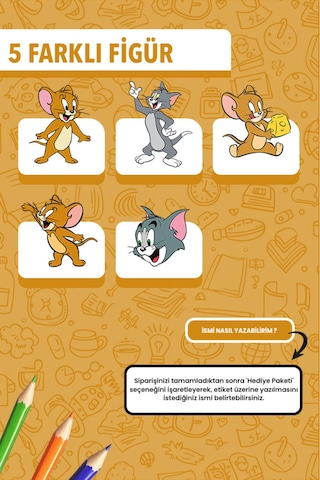 İsim Yazılabilir Tom And Jerry Temalı Okul Etiketi Kalem & Defter İçin 200 Adet Çoklu