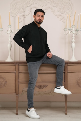 Woolen World Pilot Yaka Fermuar Kapamalı Klasik Kesim Astarlı Çelik Örgü Hırka Siyah
