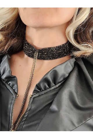 Sıralı Zincir Dokuma Sallantılı Vücut Tasma Choker Siyah Gold El Yapımı Kolye Gold - Siyah