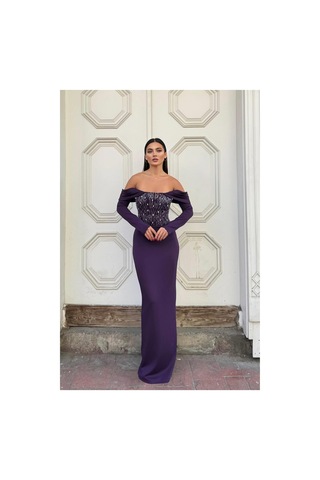 DefyModa Kadın El Emeği Dik Yaka Payetli Maxi Uzun Kollu Abiye Elbise Mor