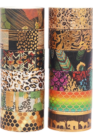 Springsun 12'li Altın Folyolu Vahşi Hayvan Desenli Washi Bant Seti - Dıy, Hediye Paketleme, Defter Süsleme 15mm