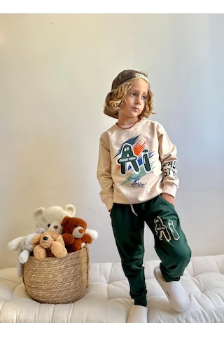 Jolly Kids Erkek Çocuk Yazı Baskılı Sweatshirt Takım Koyu Yeşil