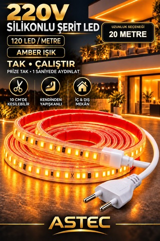 Astec Yapışkanlı 20 Metre Amber 220v Silikonlu Şerit Led Yüksek Güç Tak Çalıştır İç Dış Mekân Su Geçirmez