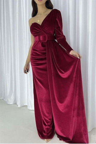 Lior Design Kadın İnce Kadife Kumaş Tek Omuz Kemerli Maxi Abiye Elbise Bordo