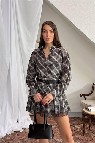 Neşeli Butik Kadın Siyah Gömlek Yaka Kat Kat Ekose Desen Mini Elbise Nbnp025 Siyah