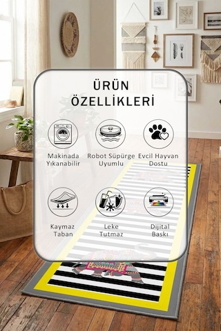 Fil Sarı Gri Salon Mutfak Yatak Odası Yıkanabilir Yolluk Gri - Sarı