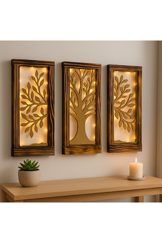 Işıklı Ahşap Çerçeveli 3 Lü Ağaç Motifli Duvar Dekor Seti