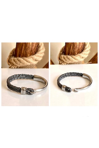 %100 Deri&krom Kombin Gri Erkek Bileklik Net 22cm Türk El Üretim Gri