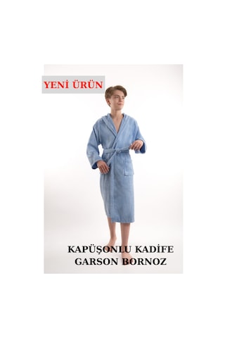 Pamuklu Kapüşonlu Çocuk Garson Boy Unisex Cepli Bukle Kadife Bornoz Mavi