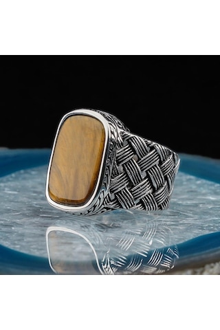 925 Ayar Gümüş Dikdörtgen Kaplan Gözlü Taşlı Örgü Desenli Erkek Yüzük Gümüş