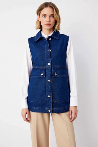 Benerly Kadın Gömlek Yaka Kolsuz Düğmeli Cepli Denim Yelek Ceket Regular Koyu Mavi