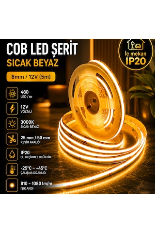 Cob Led Şerit Sıcak Byz 8mm/12v 5m Günışığı-3000k