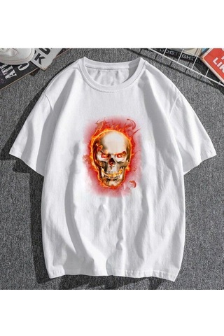 Pisa Art Flaming Skull Baskılı Beyaz Unisex Oversize T-shirt Rsts1814 Beyaz