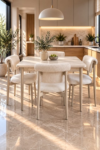 Tool Aksesuar T-8074 Traverten Sabit Masa Mdf 70x120 İbiza Krem Sandalye 4 Kişilik Mutfak Masa Takımı Krem Sandalye Traverten Masa