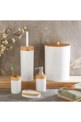 5 Parça Lüx Bambu Görünümlü Banyo Seti 10 Litre Çöp Kovası Ve Antibakteriyel Tuvalet Fırçası Beyaz Diğer
