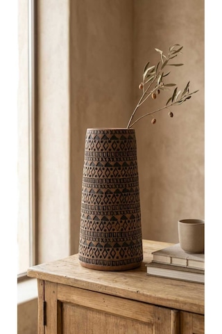 Siyah El Yapımı Terracotta Vazo Kabartmalı Modern Boho Dekor Salon Konsol Sehpa Dekoru Altın - Siyah