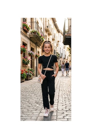 Bubiee Baby Kız Çocuk Siyah Beli Çapraz Detaylı Crop Rahat Kesim Pantolon Set