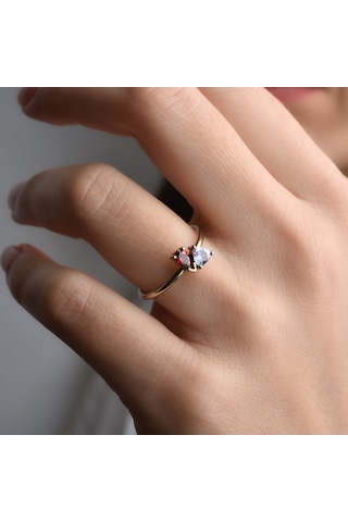 14 Ayar Altın Kaplama Kalp Ve Damla Renkli Taşlı Yüzük - Rs00111 Altın