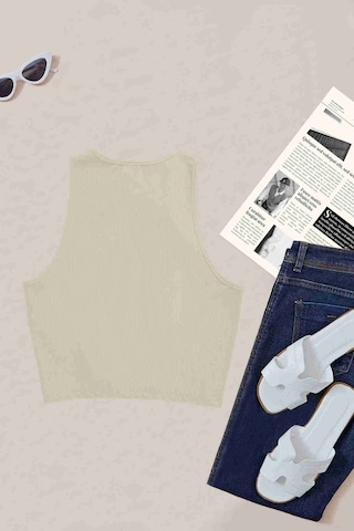 Merry See Tek Renk 1 Adet Kadın Kolsuz Örme Kumaş Bluz Crop Krem 001