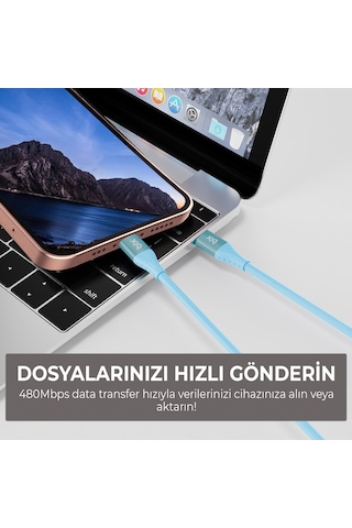 Bix ﻿BXSC1CL 60W Type-C To 1.2 M Lightning Silikon Şarj ve Data Kablosu Mavi