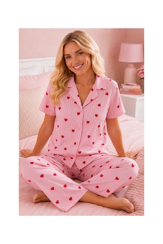 Fit Women Çizgili Kalp Desenli Bürümcük Kumaş Pijama Takımı 4643-pembe