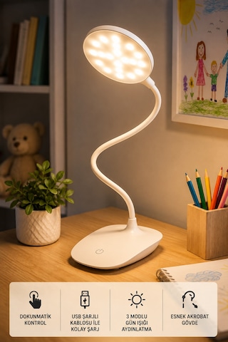 Led Masa Lambası Usb Şarjlı Dokunmatik Akrobat Çalışma Lambası 3 Modlu Göz Yormayan Işık Ultra Hafif Beyaz