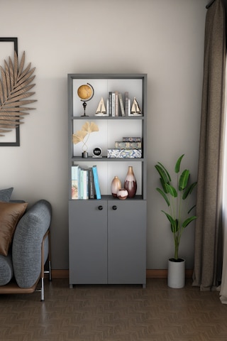 Kapaklı Çok Amaçlı Salon Dolabı 150x50x22 Cm Raflı Kitaplık Dekoratif Depolama Ünitesi Antrasit